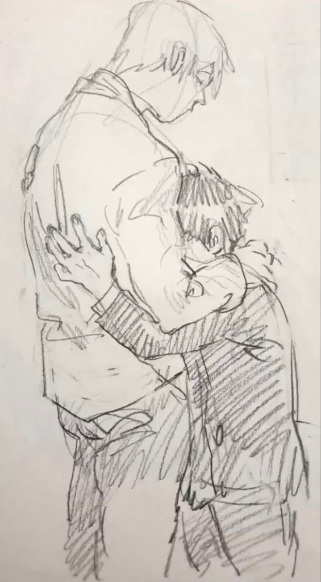 a pencil drawing of two figures, seemingly a man and a boy, in an embrace. the taller figure has his arm around the smaller figure's shoulder, while the smaller figure holds onto the taller figure's arm. the drawing is done in a simple, sketchy style and conveys a feeling of affection and support.