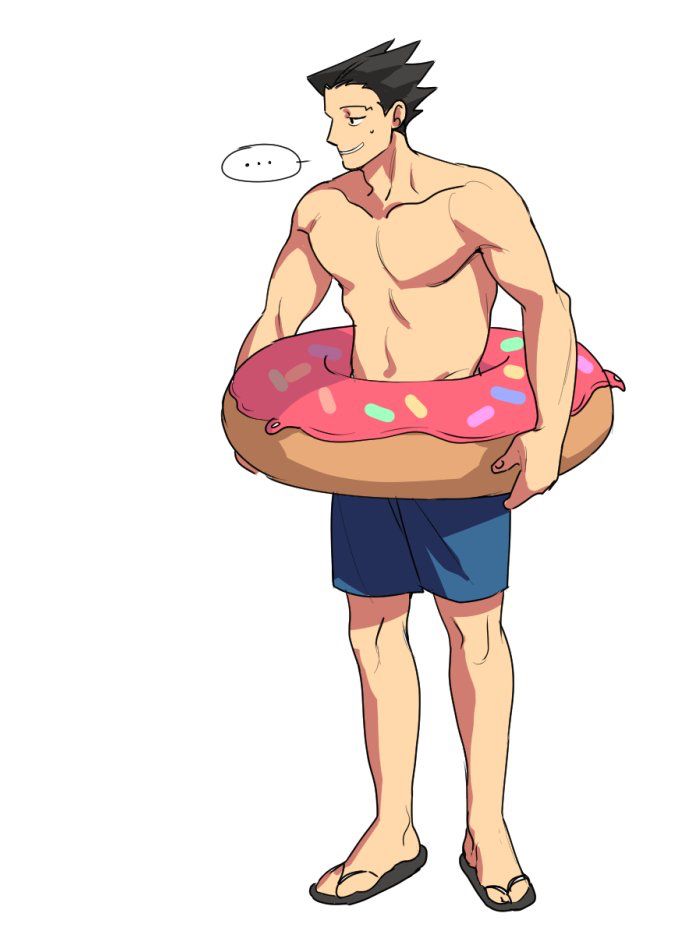 a tan, smiling man is wearing blue shorts and holding a donutshaped float. he is standing in a pool or on the beach, with a sunny background. he appears happy and relaxed, enjoying the summer weather.