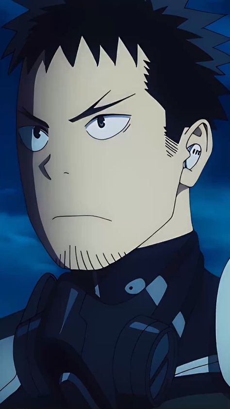 this is a closeup illustration of anime character shinra kusakabe from the anime series fire force. he is a young man with short dark hair and brown eyes. he has a serious expression on his face. he is wearing a black and white uniform with a black gas mask. the background is a dark blue sky.