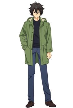 an anime boy with black hair wearing a green jacket with the hood down, a black undershirt, blue jeans, and brown shoes, is standing facing forward and looking slightly to his left. his left hand is in his jacket pocket. the background is a plain white.