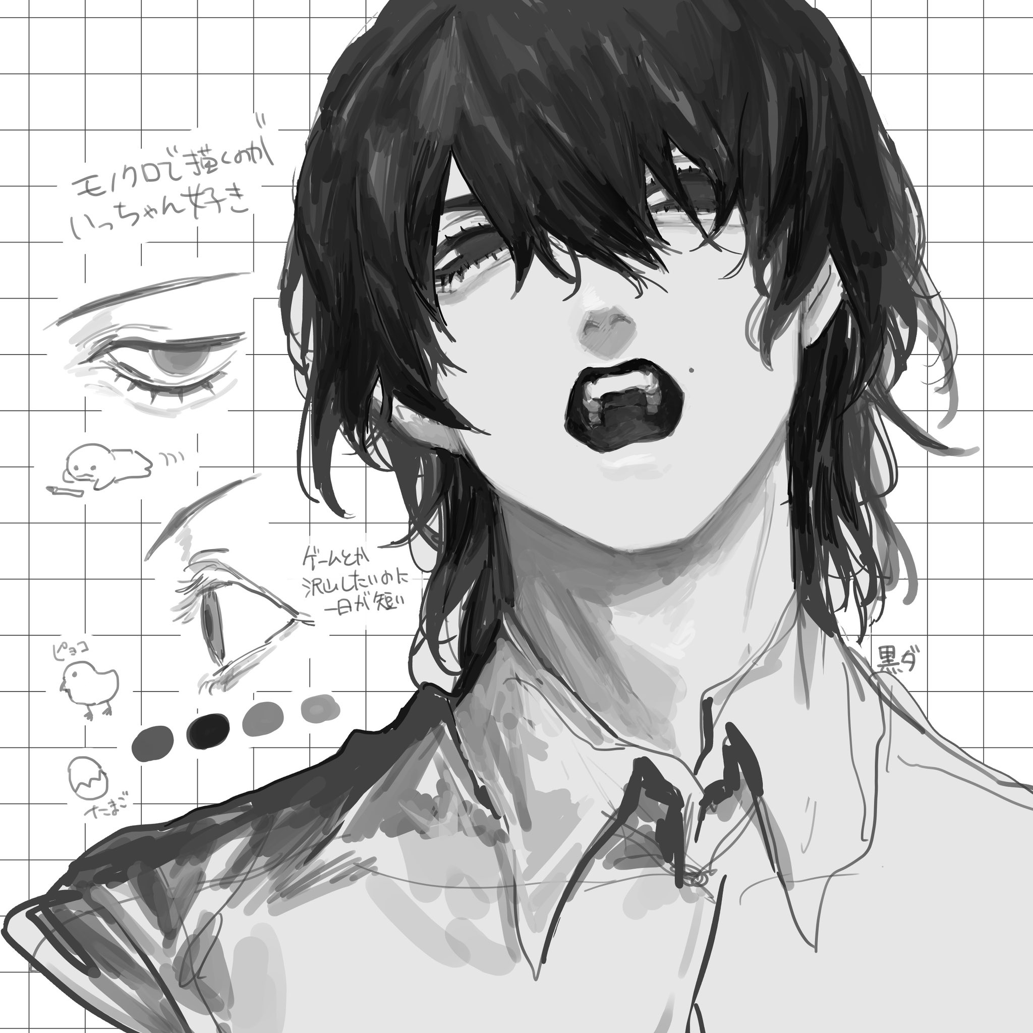 a black and white sketch of a young man with messy hair and sharp teeth. he has a sullen expression and is drawn in a manga style. the background is plain with grid paper and there are notes written in japanese around the character.