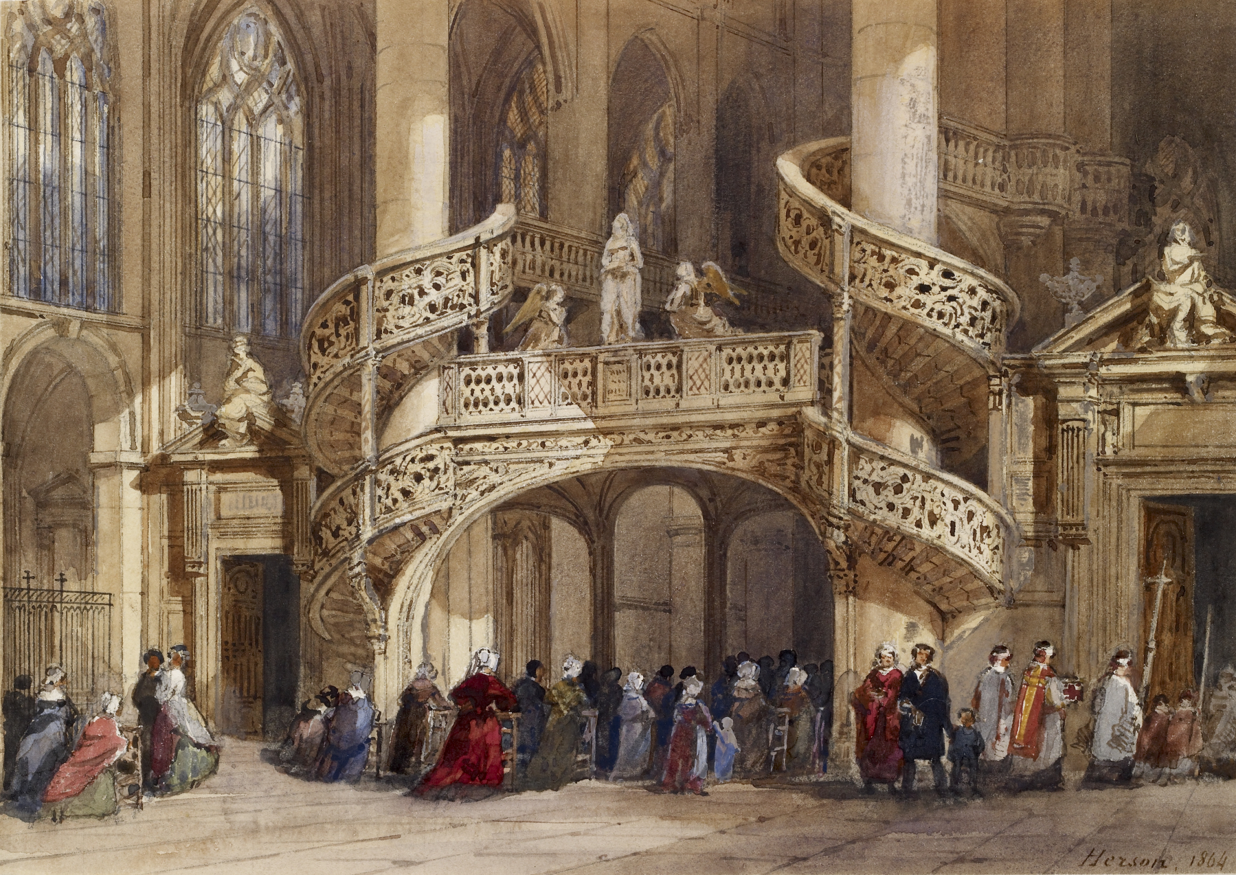 the image is a watercolor painting depicting the interior of a church. a grand, intricately designed spiral staircase dominates the central space, adorned with sculptures of religious figures. below the staircase, a group of people, presumably congregants, stand in clusters, many dressed in period clothing. some are engaged in what appears to be a religious ceremony, with figures in liturgical vestments. the architecture showcases gothic elements, including arched doorways and large windows. the overall scene conveys a sense of reverence and historical setting.