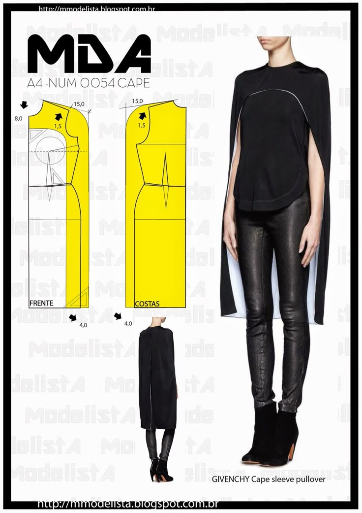 the image shows a sewing pattern design with a photograph of a black capesleeved top, presumably inspired by a givenchy design. the image contains pattern pieces for the front and back of the garment, along with measurements and labels in portuguese. the layout suggests it is a tutorial or a diy project for creating the cape sleeve pullover.