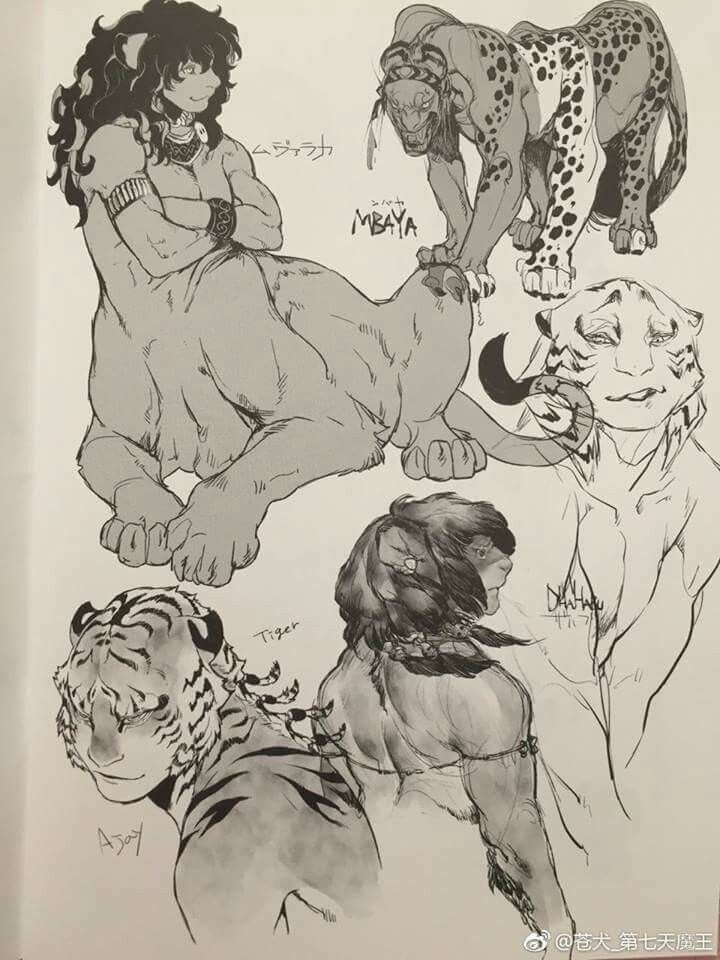 this is a pencil sketch of five fantasy creatures. in the top left is a humanlion hybrid with its claws out and its face stoic. to the right of the humanlion hybrid is a humanleopard hybrid with its head turned in a snarling expression. in the bottom left is a humantiger hybrid looking to the side. above the humantiger hybrid is a humanwolf hybrid looking over their shoulder. finally, in the background is another humanwolf hybrid looking to the side. they all have markings and features that suggest they are hybrids of human and animal. the drawing is done in a realistic style.
