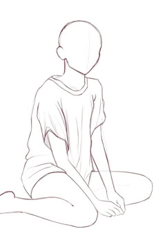 a line art drawing of a female anime character sitting with their legs crossed.  the character is drawn simply with lines and no shading.