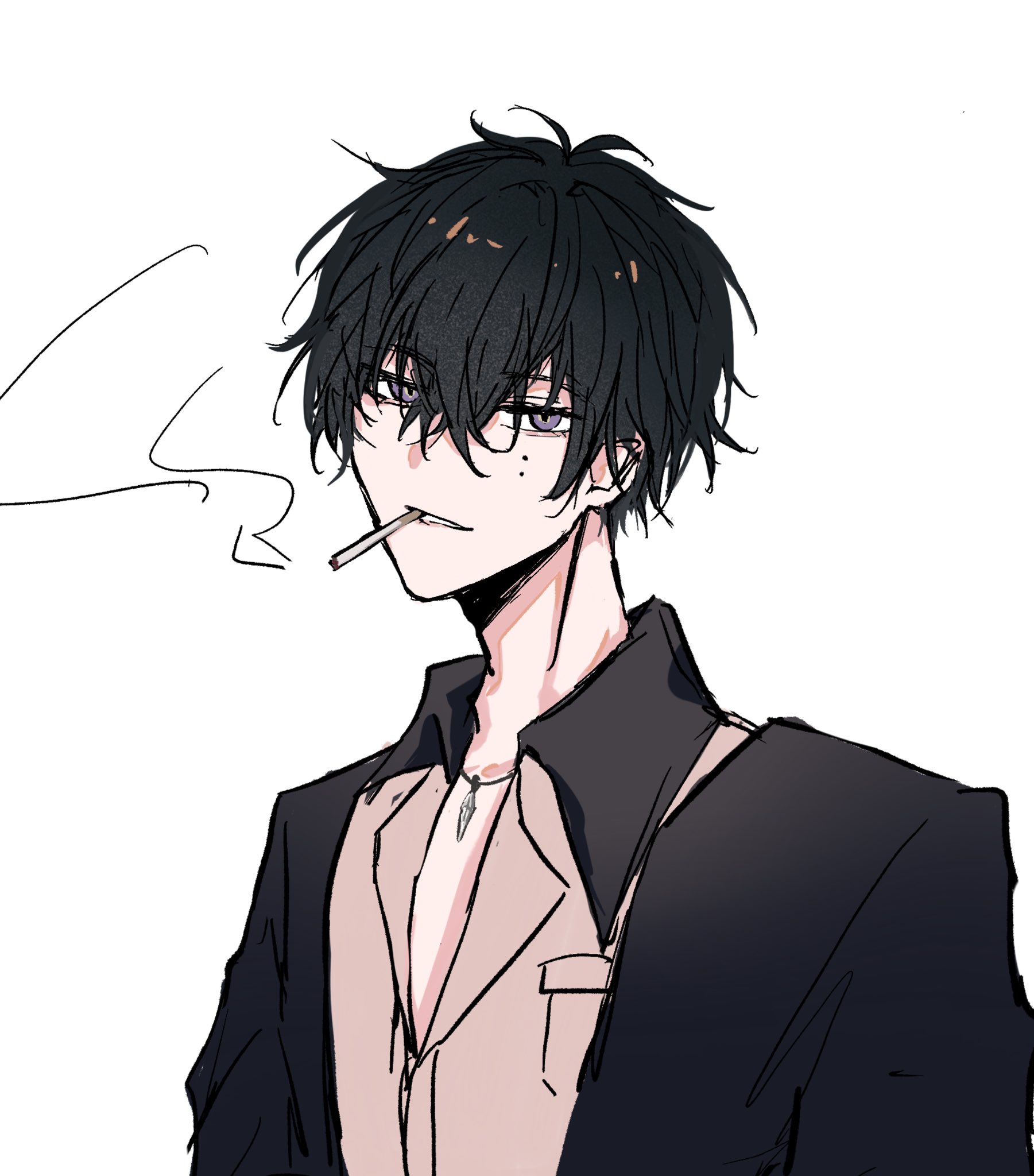 an anime boy with black hair is smoking a cigarette and looking off to the side. he is wearing a casual outfit that consists of a white shirt, a black jacket, and a silver necklace. he has a cool and edgy appearance, and his eyes are a deep purple. the background is a plain white.