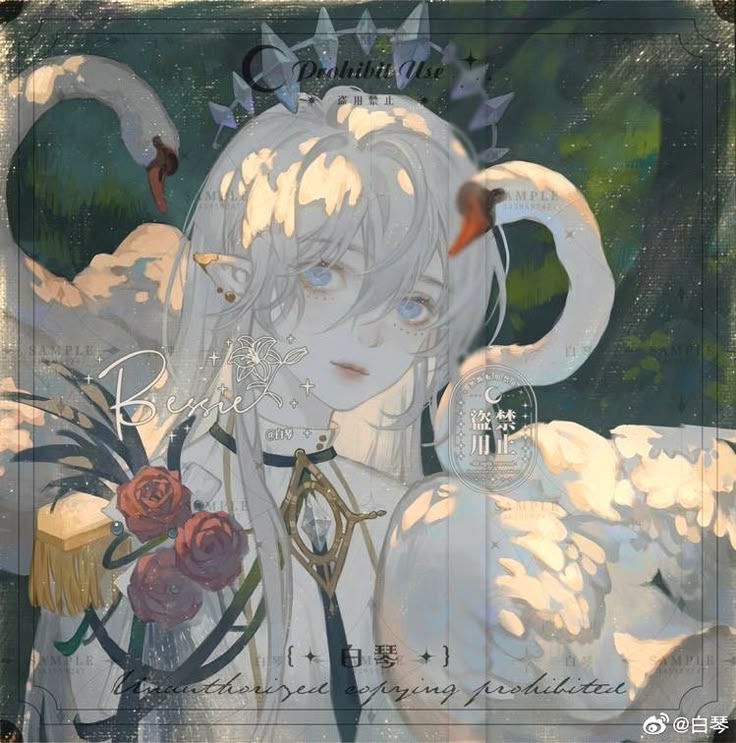 the image is an animestyle artwork featuring an androgynous character with white hair, elflike ears, and blue eyes, surrounded by swans. the character wears a crown and a choker, and has a pendant. there are roses and text overlays, including copyright notices.