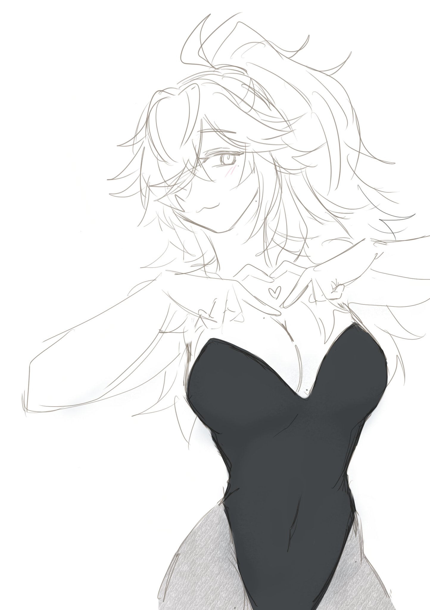 a sketch of a young woman with long white hair. she is wearing a black bunny costume and has a heart shape made with her fingers in front of her chest. the woman is looking at the viewer with a gentle smile.