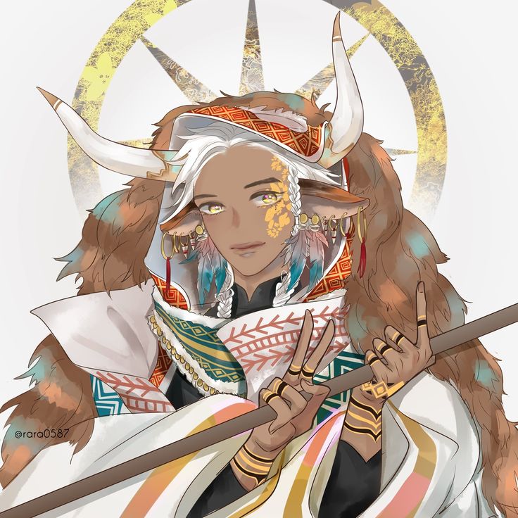 the image is a digital painting of a fantasy character. the character appears to be a minotaur, with the head and horns of a bull and the body of a humanoid. they have dark brown skin, long white hair styled in braids adorned with feathers and gold accents.  they are wearing elaborate clothing with a mix of cream, gold, red, and teal patterns. the garments include a headdress, a long robe, and numerous gold bracelets and earrings.  the character holds a long, dark staff, with their hands positioned in what looks like a peace sign. they have a calm and serene expression.  the background is a stylized gold and white design resembling a compass rose or sunburst. the overall style is reminiscent of anime or manga art.