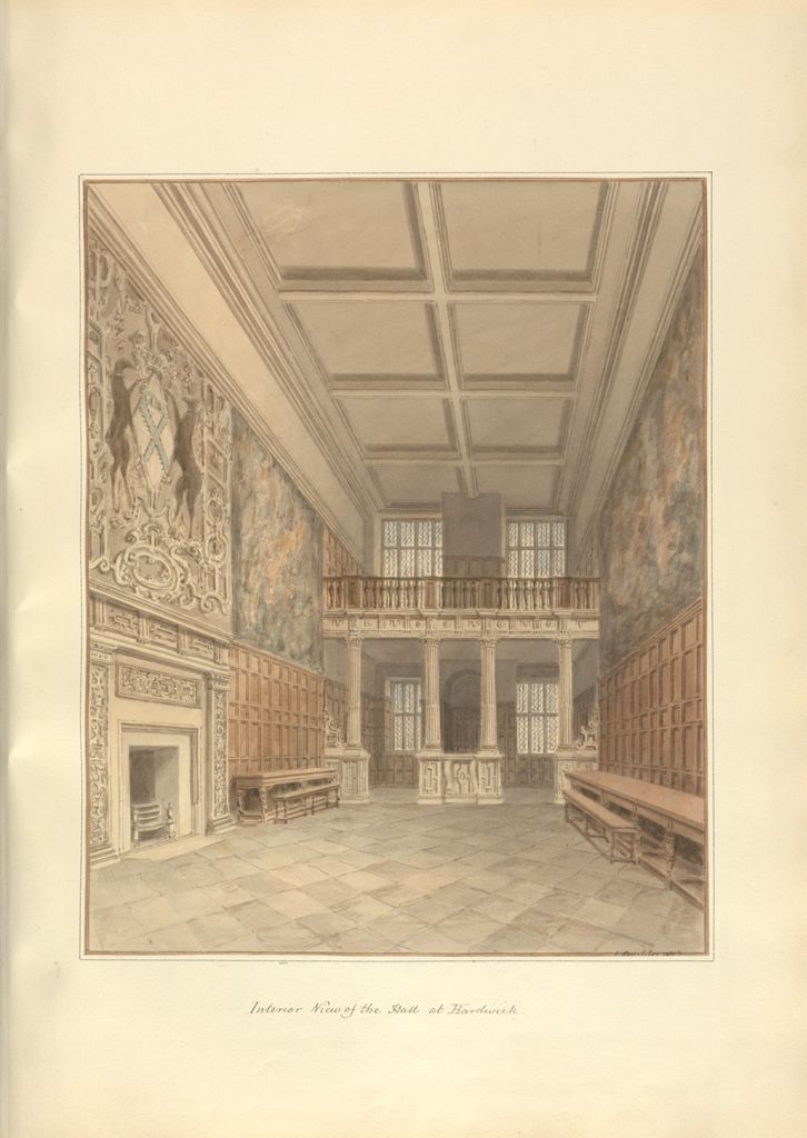 the image is a watercolor painting of the interior of the great hall at hardwick hall. the painting depicts a large, ornate room with wood panelling on the lower walls and decorative plasterwork on the upper walls. a grand fireplace with the family's coat of arms is the focal point on one side, while on the opposite side there are rows of long tables with benches. the floor is covered with a checkered pattern. the room has high ceilings with visible beams. a balcony with columns is visible at the far end of the hall, offering a view down into the room. the perspective creates depth, drawing the viewer into the hall. the watercolor technique creates a soft and historical aesthetic.