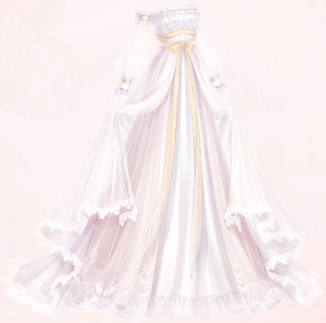 this is a drawing of a long white formal gown. the dress has sheer, puffy sleeves; a sweetheart neckline; and a long, flowing skirt with lace detailing. a golden ribbon is tied at the waist.  the image appears to be a design for a wedding dress.