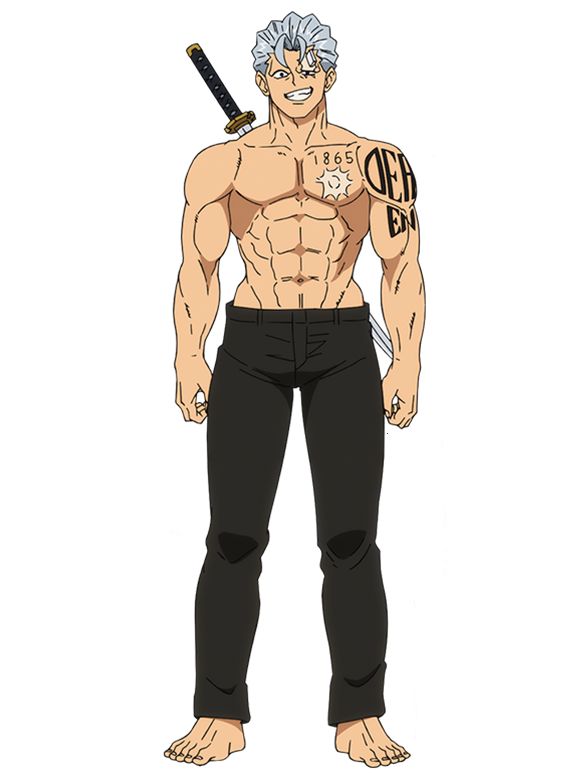 this is an illustration of an anime character. the male character is muscular and shirtless, with a black tattoo on his upper body. he has a sword strapped to his back, and is wearing black pants. he is standing with his feet bare.