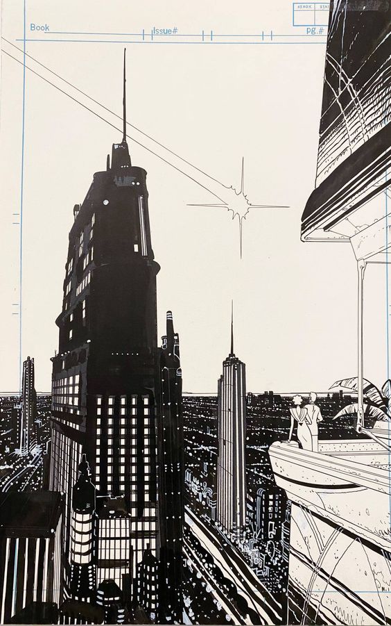a black and white illustration of a futuristic cityscape. the image is drawn in a comic book style, with bold lines and strong contrasts. there are many tall buildings, including a prominent skyscraper in the foreground. the buildings are all made of metal and glass, and they have a modern, futuristic look. the sky is dark, and there is a faint glow coming from the city lights. the image has a sense of mystery and intrigue, and it evokes a sense of urban life in the future.