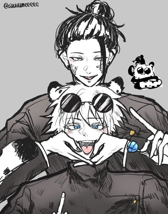 the image is an animestyle illustration featuring two characters in a close embrace. the character in the foreground has short, light hair, sunglasses, and is making a playful face with their tongue sticking out. they are being playfully held by the arms by another character with longer dark hair styled in a top bun. this second character has noticeable facial markings resembling tattoos and piercings, giving them a more edgy and alternative aesthetic.  the art style is distinct and stylized, employing mainly grayscale tones with some shading and highlights to give depth. a small cartoon character is visible in the background adding an element of whimsy.  the overall mood is expressive and mischievous, showing a strong bond between the two main characters.