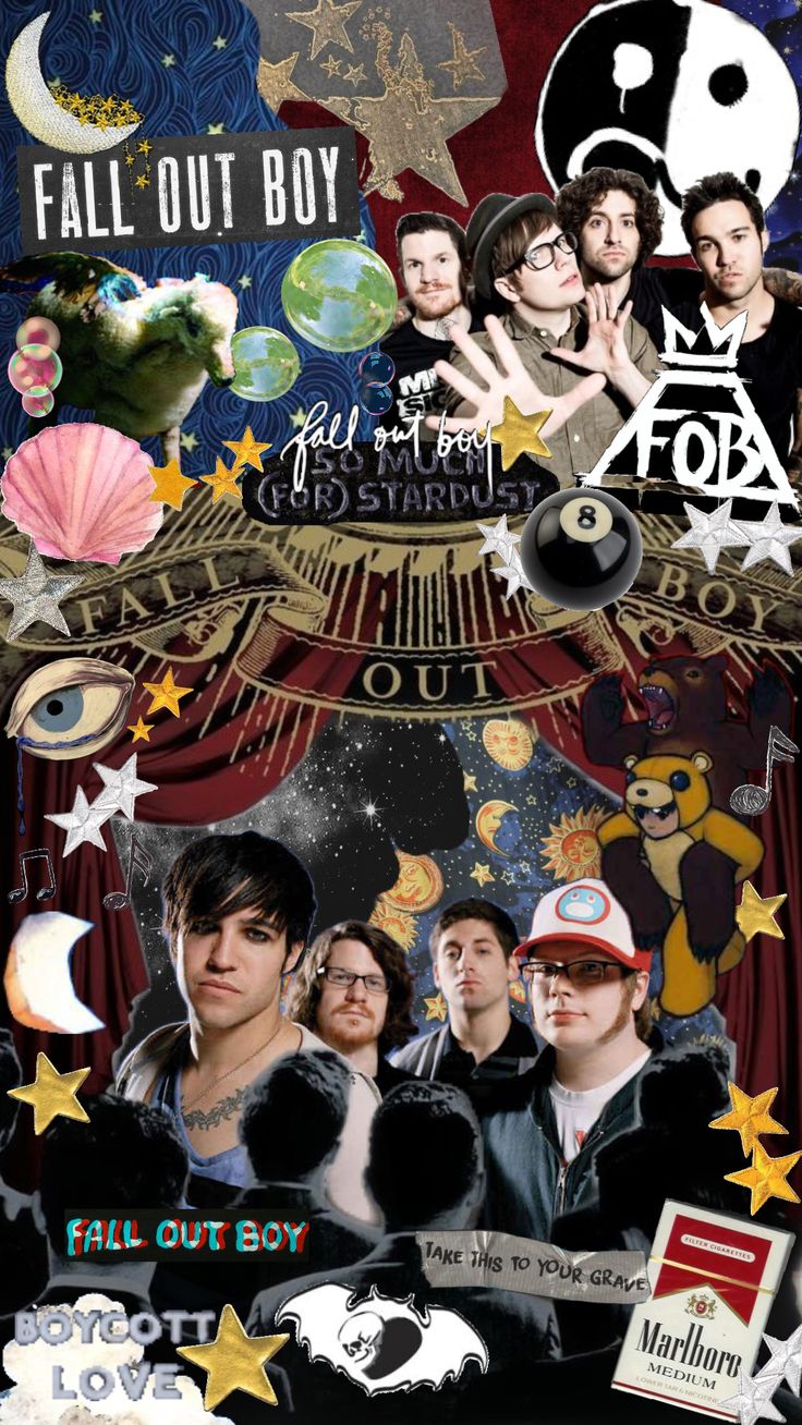 this is a collage of images related to the band fall out boy. it includes their band logo, album covers, lyrics from songs, and other images that represent their music and style.  it is made up of a mix of handdrawn and digital elements, and the overall effect is one of energy and excitement.