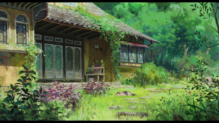 this is an illustration of a house and garden with a cat sleeping in the grass. the house has green vines growing on the roof and walls, and a stone path leads through the garden. there are many plants, trees and flowers.