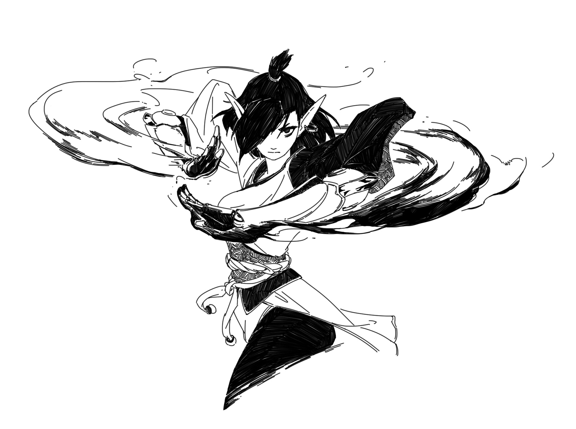 the image is a dynamic black and white illustration of an animestyle female elf warrior. she is depicted in midaction, her body positioned at an angle, suggesting rapid movement. her long dark hair is pulled back into a high ponytail, and she has pointed elf ears. she wears a flowing robelike garment, tied at the waist with a sash. her hands are raised in a stance that suggests she is manipulating energy or magic, which is visually represented by swirling lines of ink around her body. the style of the artwork is expressive and sketchy, employing heavy use of hatching and crosshatching to create depth and texture. the overall feel is one of action, power, and fantasy.