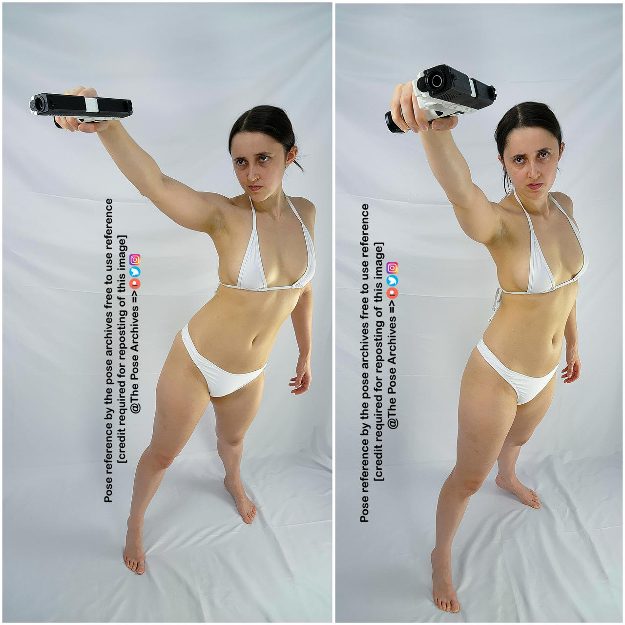 a young woman in a white bikini poses against a white background, aiming a black and white pistol towards the viewer. the image is a diptych, featuring the same pose with slight variations in hand and head position. the photo is intended as a reference for artists and includes a watermark with credit information.