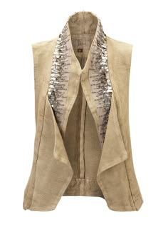 a women's beige vest made of suede with sequined trim around the collar. the vest has a casual, comfortable, and stylish look. the vest is perfect for fall or winter.  it's a great piece of outerwear that can be dressed up or down.