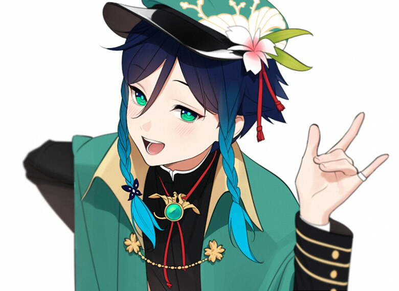 the image features a cheerful, animestyle boy drawn in a vibrant and colorful palette. he is making a peace sign gesture with a mischievous grin. he has blue and teal hair styled in braids, striking green eyes, and is wearing a stylish green jacket with gold accents, a black and white undershirt, and a unique hat adorned with a white flower.