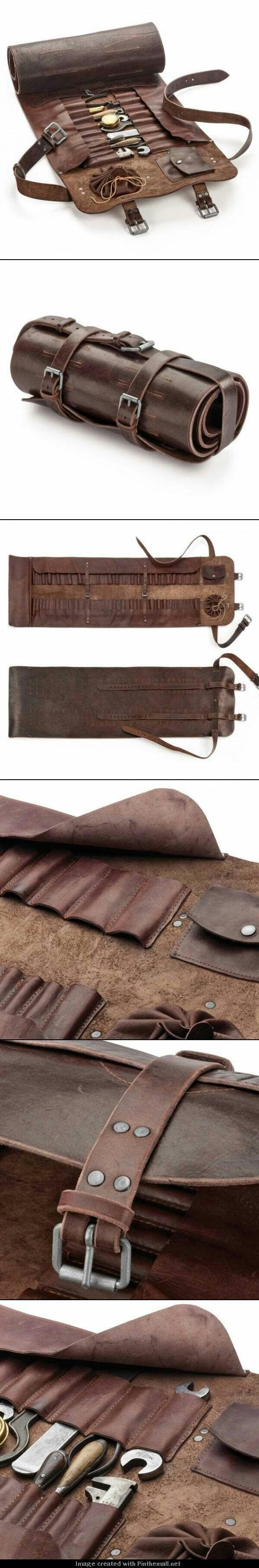 the image shows a series of closeup shots of a brown leather tool roll. the first image shows the tool roll open, revealing a variety of tools held in individual pockets. there are also straps and buckles to secure the roll. the next image is of the tool roll rolled up and secured with straps and buckles. subsequent images show various details of the tool roll, including the leather material, the buckles, and the pockets.