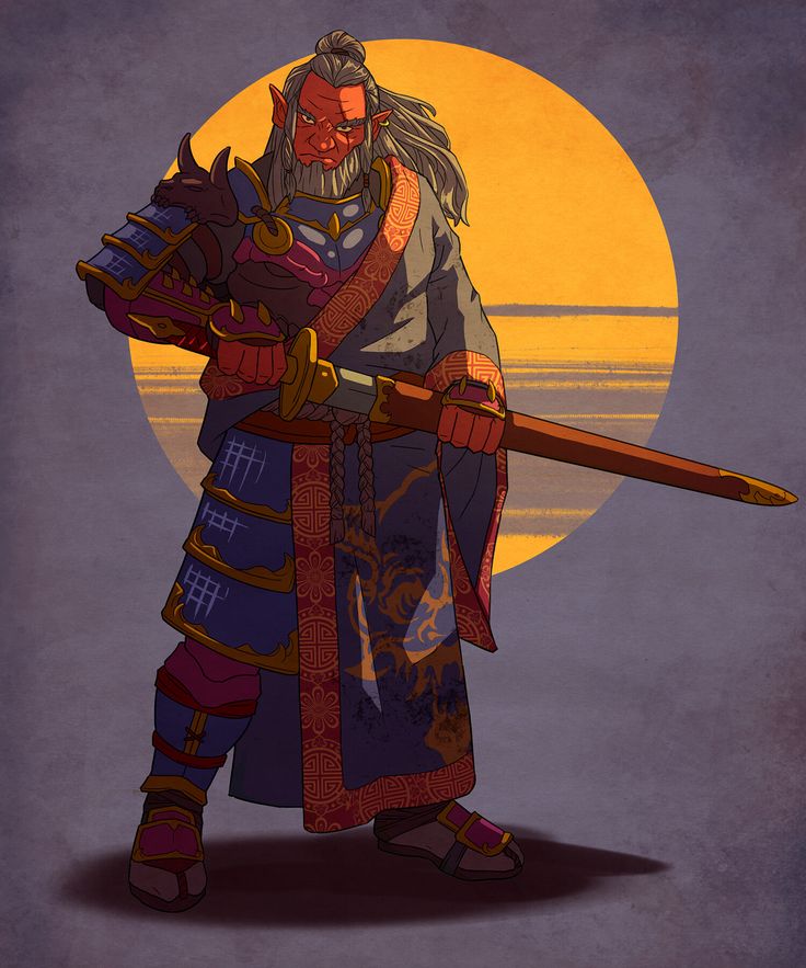 a digital illustration of a fantasy character, an old, redskinned elf warrior, dressed in samurai style armor and a robe, holding a sword in his hand. the character is standing in front of a large, yellow, circular object, which could represent the sun or moon. the art style is realistic and detailed, with soft shadows and highlights that give the character a sense of depth and dimension.