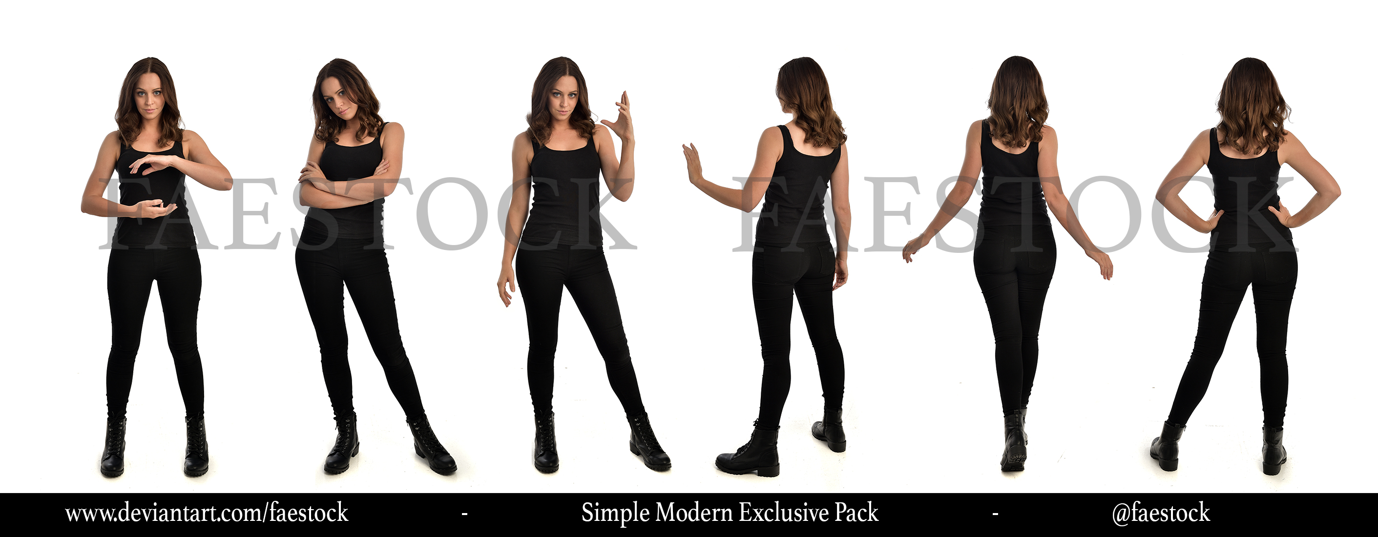 the image showcases a young woman in six different poses. she's consistently dressed in a simple, modern outfit consisting of a black tank top, black leggings, and black ankle boots. each pose is presented against a clean white background, allowing for a clear view of the model and her clothing. the poses vary, showing the woman from the front, back, and sides, as well as showcasing various postures and expressions, from a relaxed stance to more active or expressive ones.  the image is professionalgrade photography, suitable for stock image use or a fashion portfolio. the watermark "faestock" is visible in the image. the image is labeled "simple modern exclusive pack" indicating its purpose as a set of versatile poses for use in various design projects.