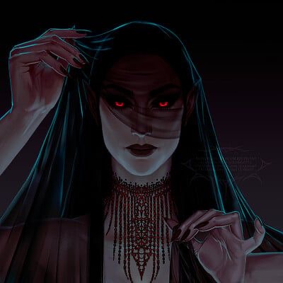 a portrait of a woman with dark hair and red eyes. she is wearing a veil that covers her face, and she is looking at the viewer. she is wearing a choker necklace that matches her red eyes. the background is dark, which gives the portrait a mysterious and fantasylike feel. it looks like a digital art piece.