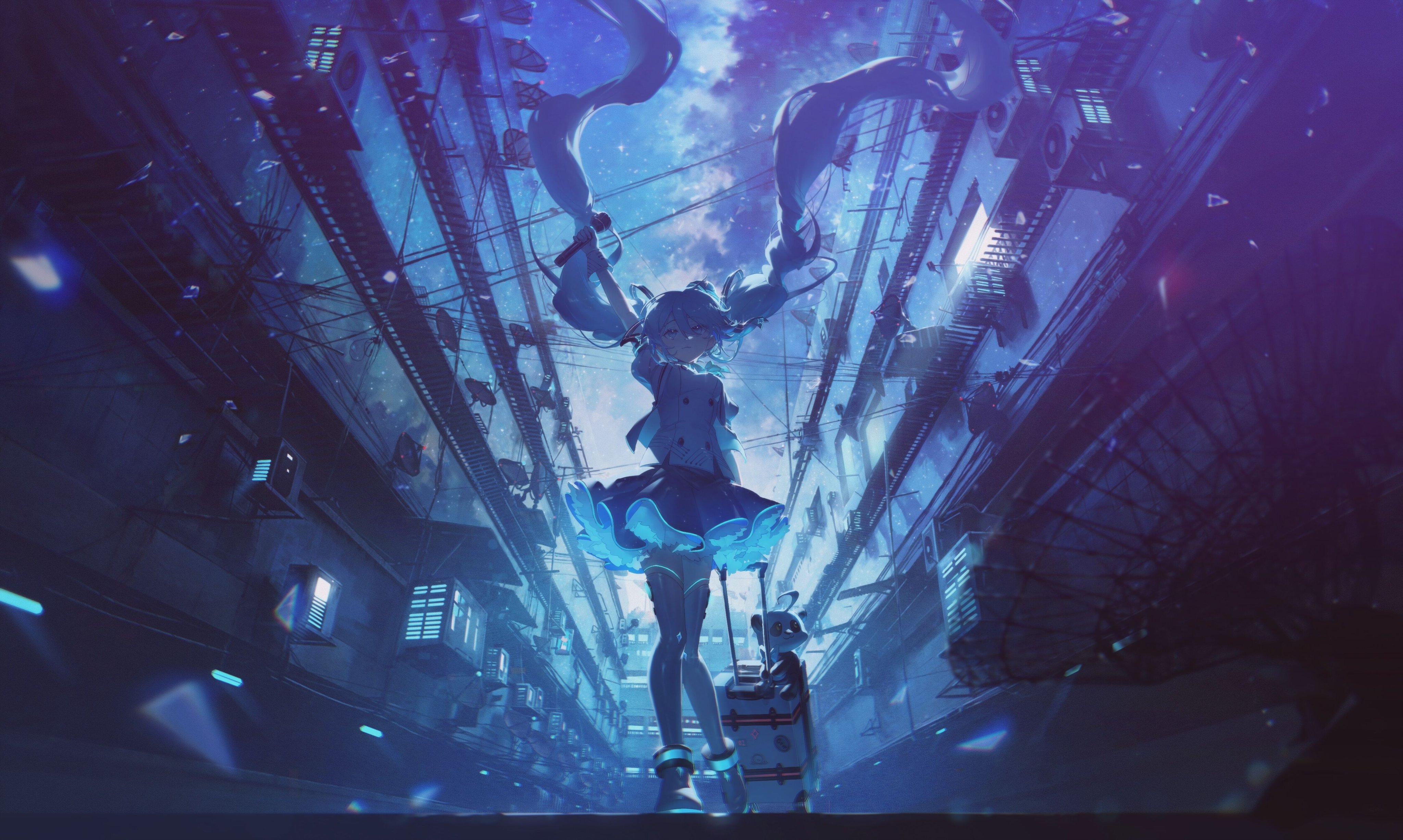 the image is a digital illustration of an anime girl resembling hatsune miku, set against a futuristic urban backdrop. she has long, flowing blue pigtails and is holding a microphone. she is wearing a white top, a blue dress with a glowing hem. next to her is a suitcase with a teddy bear attached. the cityscape is filled with futuristic buildings, wires, and glowing lights. the perspective is a low angle view, looking up at the girl and the cityscape, with a dark sky and stars visible in the background. the overall tone is dark, futuristic, and somewhat ethereal.