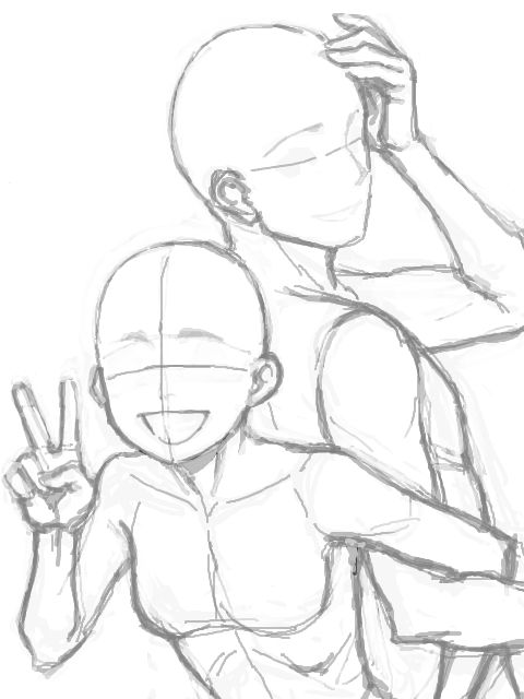 this is a line drawing of a male and female anime character. the male is leaning back and looking to the left with a hand on his head. the female is facing the viewer and is smiling with her hand up in a peace sign. the two appear to be hugging or embracing.
