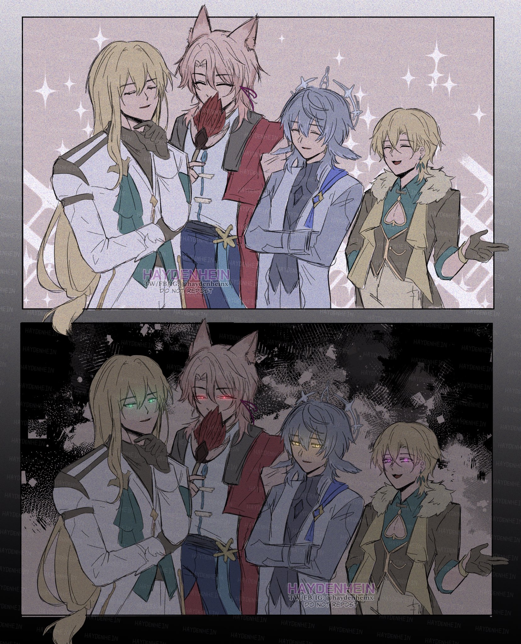 this is a digital illustration of four anime boys standing together and smiling. they are all drawn in a cute, cartoonish style and they look like friends. the image is set against a sparkly, pink background.
