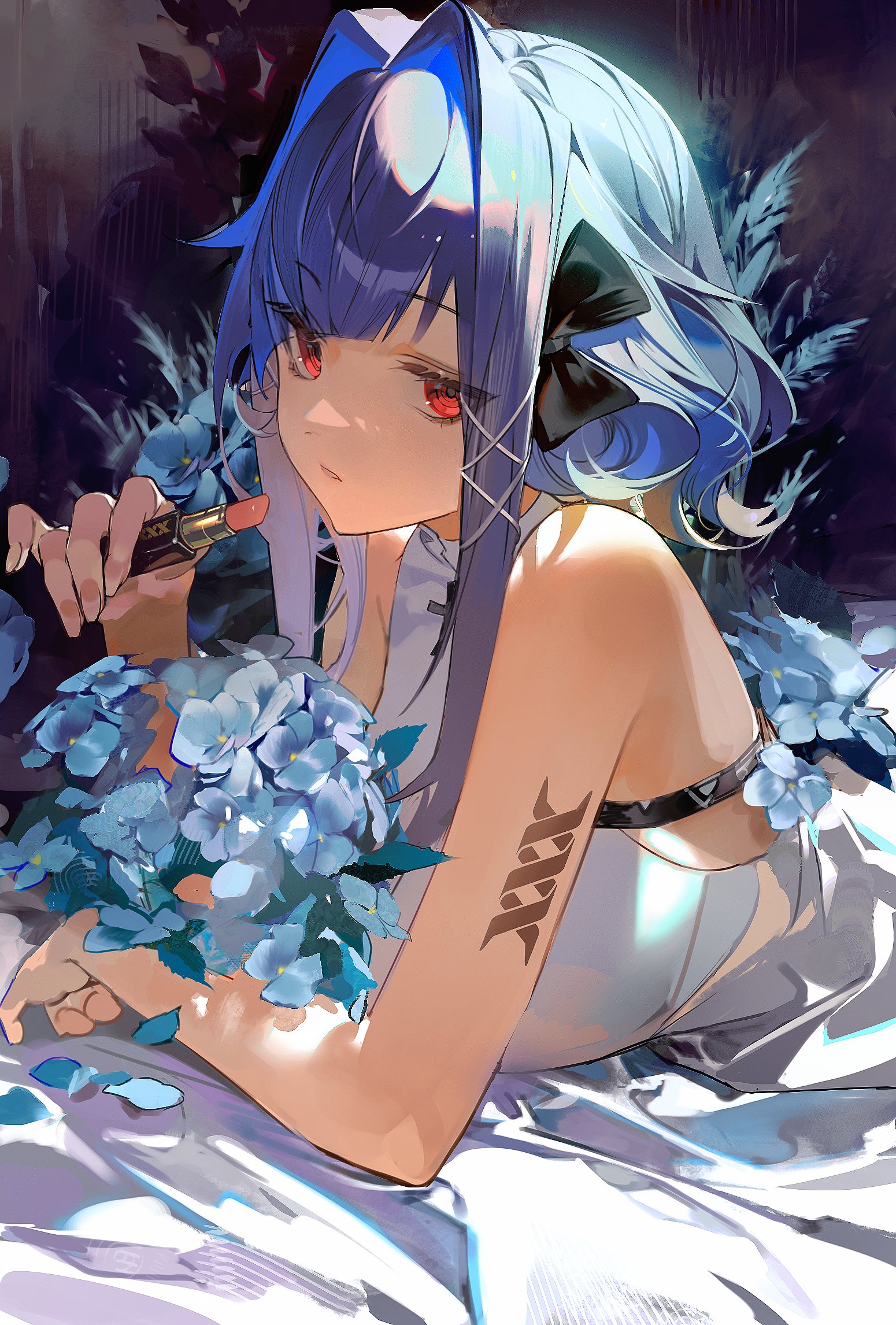 the image is a digital painting of an animestyle girl with vibrant blue hair and striking red eyes. she has a dark tattoo resembling a stylized dna strand on her arm. she is lying down on a white sheet, holding a tube of lipstick and surrounded by blue hydrangea flowers. the overall style is elegant and dreamy. the background is dark and moody, contrasting with the bright colors of the girl and the flowers. the artist's skill is evident in the detail and the soft, ethereal quality of the painting.