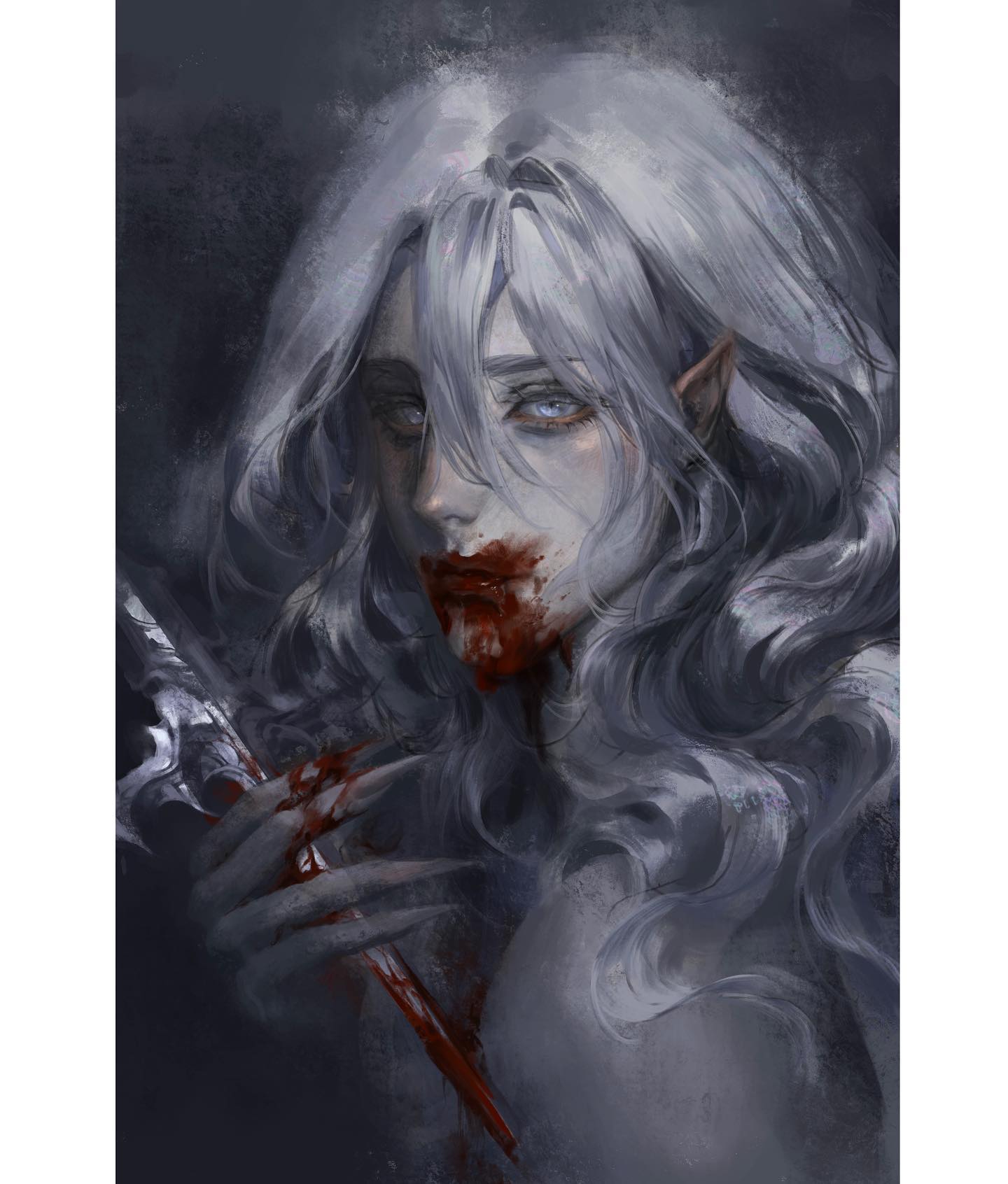 a digital painting of a pale, whitehaired vampire with a bloodied dagger in their hand. the vampire has a sinister expression and is surrounded by a dark, gothic atmosphere.