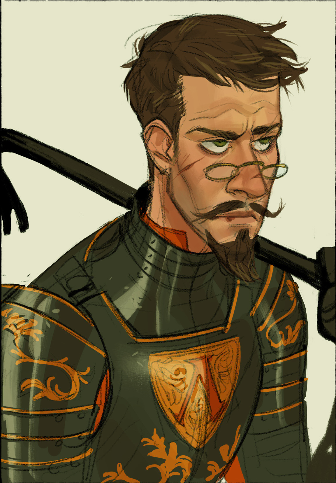 a digital illustration of a man with a mustache and beard, wearing glasses and armor. the style is reminiscent of fantasy art.