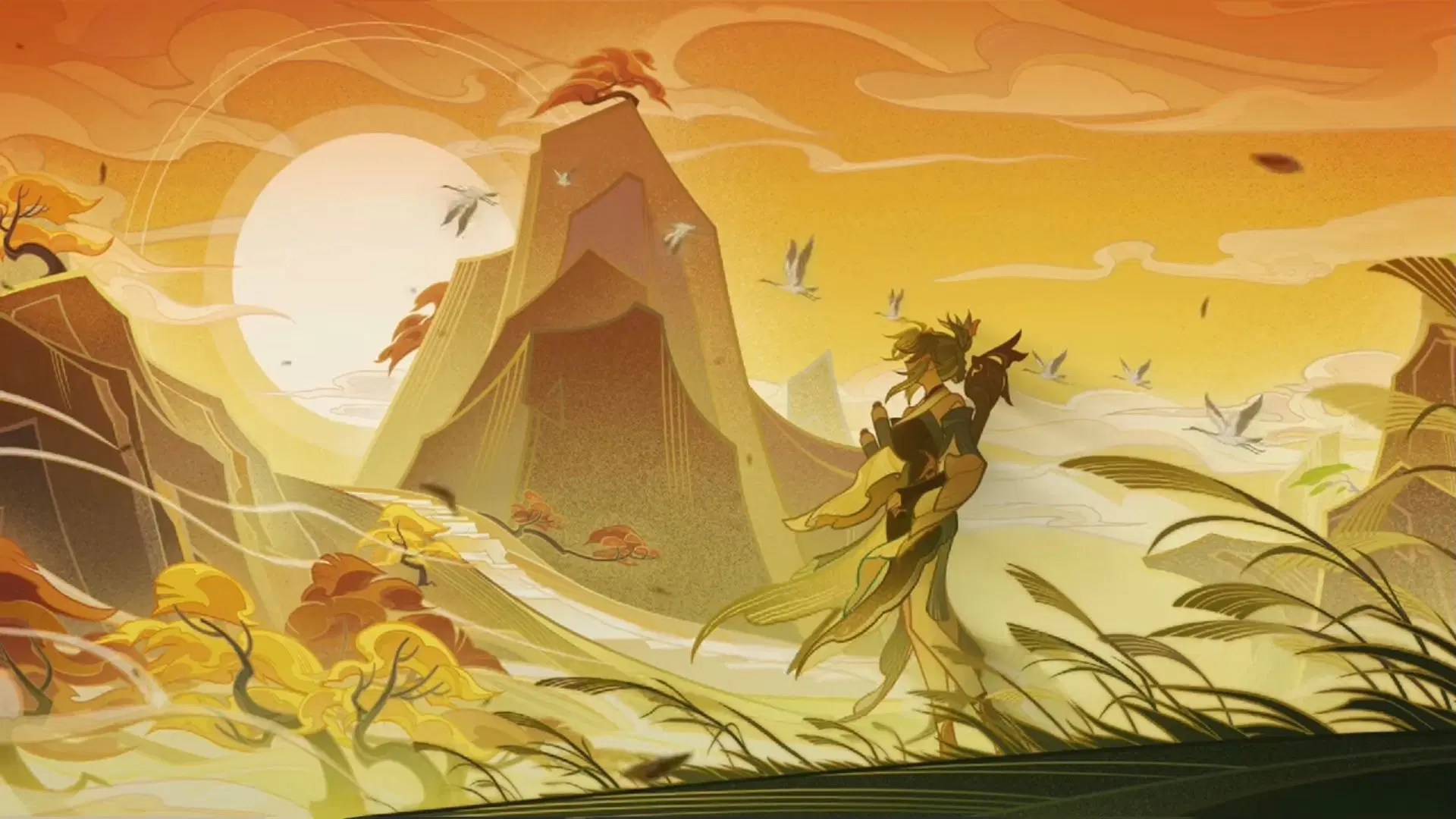 the image is a beautiful, whimsical landscape with a person standing in the foreground. the scene is set in a mountainous region with tall, jagged peaks that reach up into a bright, yellow sky filled with fluffy clouds. the sun is shining brightly, casting a warm glow over the entire landscape. the mountains are covered in lush greenery and dotted with colorful trees.  the person is dressed in a flowing robe with a hood, suggesting they are a traveler or a mystic, and is holding a staff or musical instrument, which adds to the mysterious and mystical feel of the image. the grass is blowing gently in the breeze, and the air is filled with a sense of peace and tranquility. the overall impression is one of a serene and beautiful world where anything is possible. the style of the image is reminiscent of chinese and japanese art, with its emphasis on natural beauty and harmony. the image is wellcomposed, with a strong sense of depth and perspective. the colors are vibrant and beautiful, adding to the overall sense of wonder and magic.