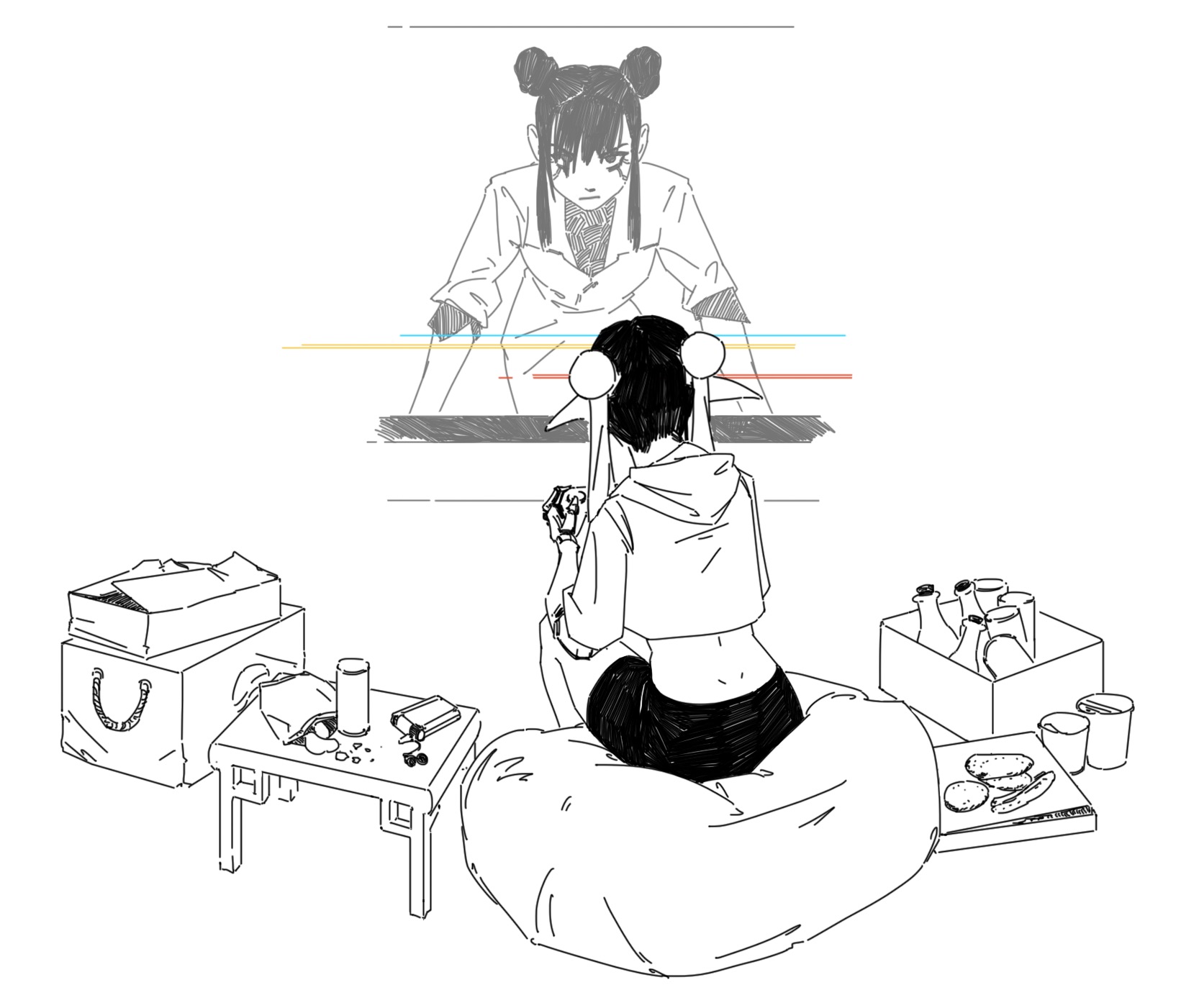the image is a monochrome digital drawing or illustration in an anime/manga style. it depicts a young woman with horns sitting on a beanbag chair, facing away from the viewer.  she's looking at a screen or mirror showing a reflection of a similarlooking, but differently dressed, girl. the reflected girl appears more formal, possibly in a lab coat. the room around the seated girl is slightly messy, with food, drinks, and discarded packaging on a small table. the overall mood is contemplative or introspective, suggesting loneliness or a sense of disconnect. the art style is clean and stylized, with bold outlines and minimal shading. the lines suggesting a digital screen display hint at a possible connection between the two girls beyond simple reflection.