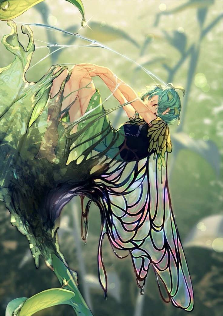 an animestyle illustration depicts a fairy with short, light green hair wearing a black top and what appears to be leaflike attire or wings. she is surrounded by a lush, verdant environment with various plants and leaves. a water droplet is suspended in the air, creating a magical or ethereal atmosphere. the fairy's pose suggests a sense of tranquility or contemplation within this natural setting.