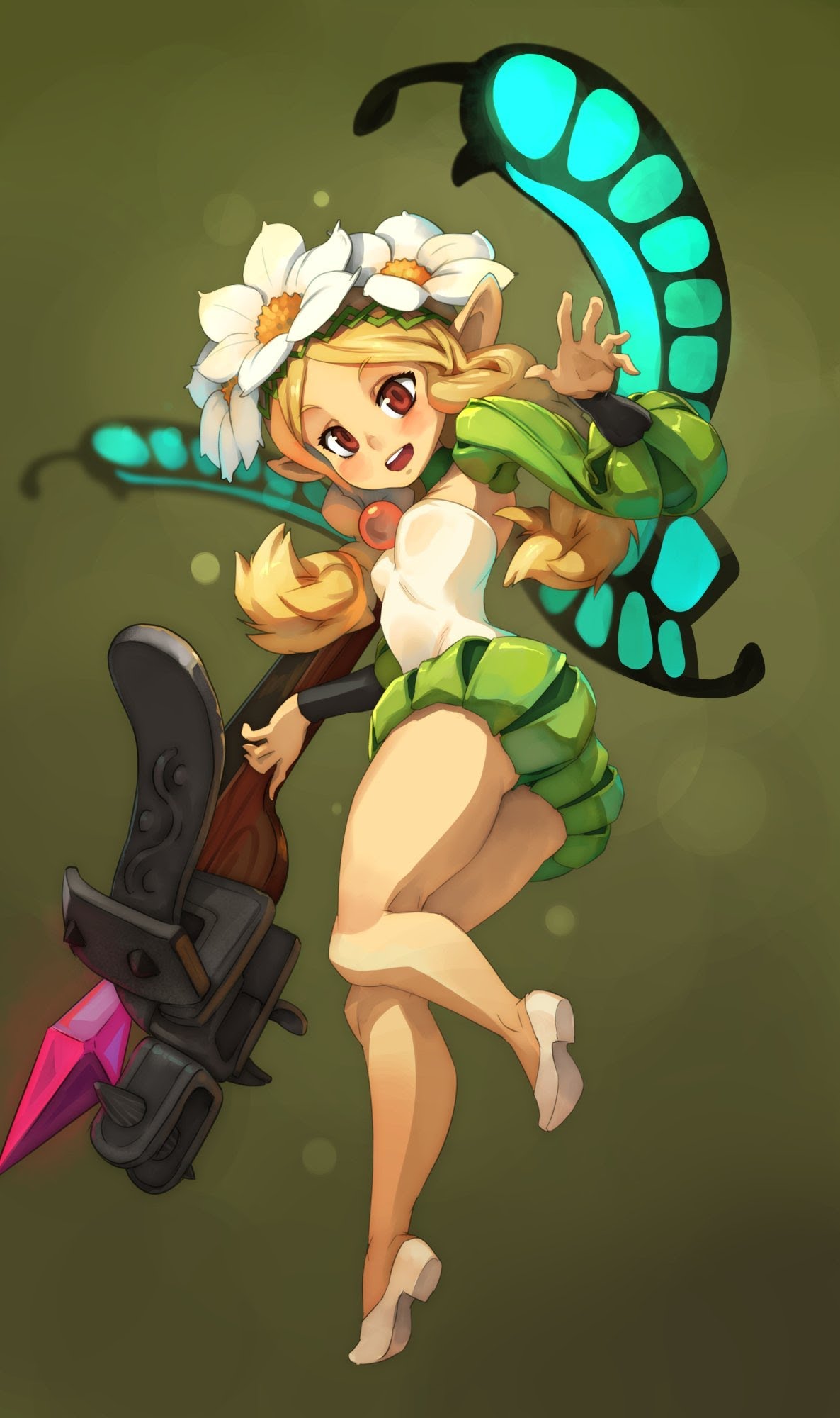 a cartoon illustration of a girl with large, green wings and a flower crown holding a large, magical weapon in her hand. she is wearing a white shirt with a green skirt. the girl is smiling and her wings are spread out behind her. the background is a plain green color.  the drawing is in a cartoon style with large eyes, big heads, and exaggerated limbs.