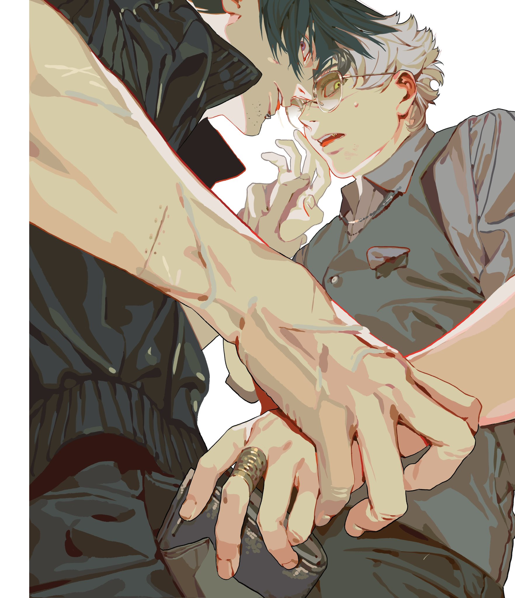 the image is an illustration of two men in close proximity, possibly romantic. the man on the left has dark hair, a black jacket, and a ring on his finger. the man on the right has grey hair, glasses, and is wearing a waistcoat. they appear to be affectionate, with their faces close together and hands touching. the style is painterly with strong lines and shading.