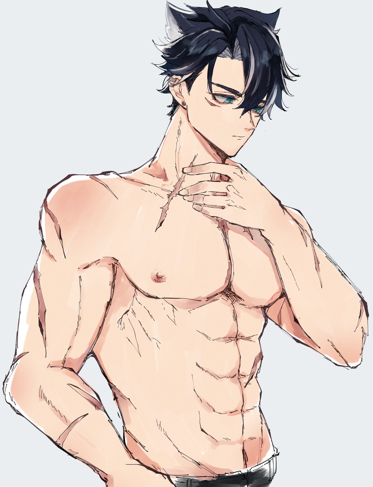 a shirtless anime man with cat ears and toned muscles. he has black and grey hair and is looking down while touching his chest. the drawing is done in a light and fluffy style.  the background is white.