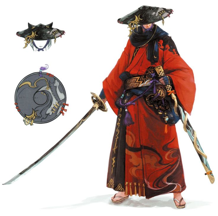 the image showcases a detailed character design, likely for a video game or similar project. the central figure is a samurailike warrior dressed in a vibrant red and black kimono adorned with intricate patterns and swirling designs.  they are armed with two katanas (long swords) and carry a round shield with stylized imagery. separate closeup images show the hat and shield more clearly. the overall style is distinctly japaneseinspired fantasy, emphasizing flowing fabric, detailed weaponry, and a powerful aesthetic.  the image is a highquality illustration demonstrating a high level of artistry and attention to detail.