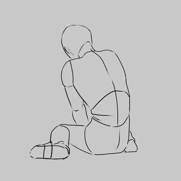 a line drawing sketch of a man sitting, in a pose with bent knees and head down. the drawing focuses on the anatomy of the body. the outline is black against a light gray background.
