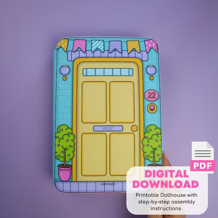 the image features a digital download for a printable dollhouse with stepbystep assembly instructions. the design shows a dollhouse facade, which is a door with a "post" sign, trees in pots on either side, and decorative flags above. there's also a "22" number sign near the top of the door. the image includes a pdf icon and the text "digital download" to promote the product.
