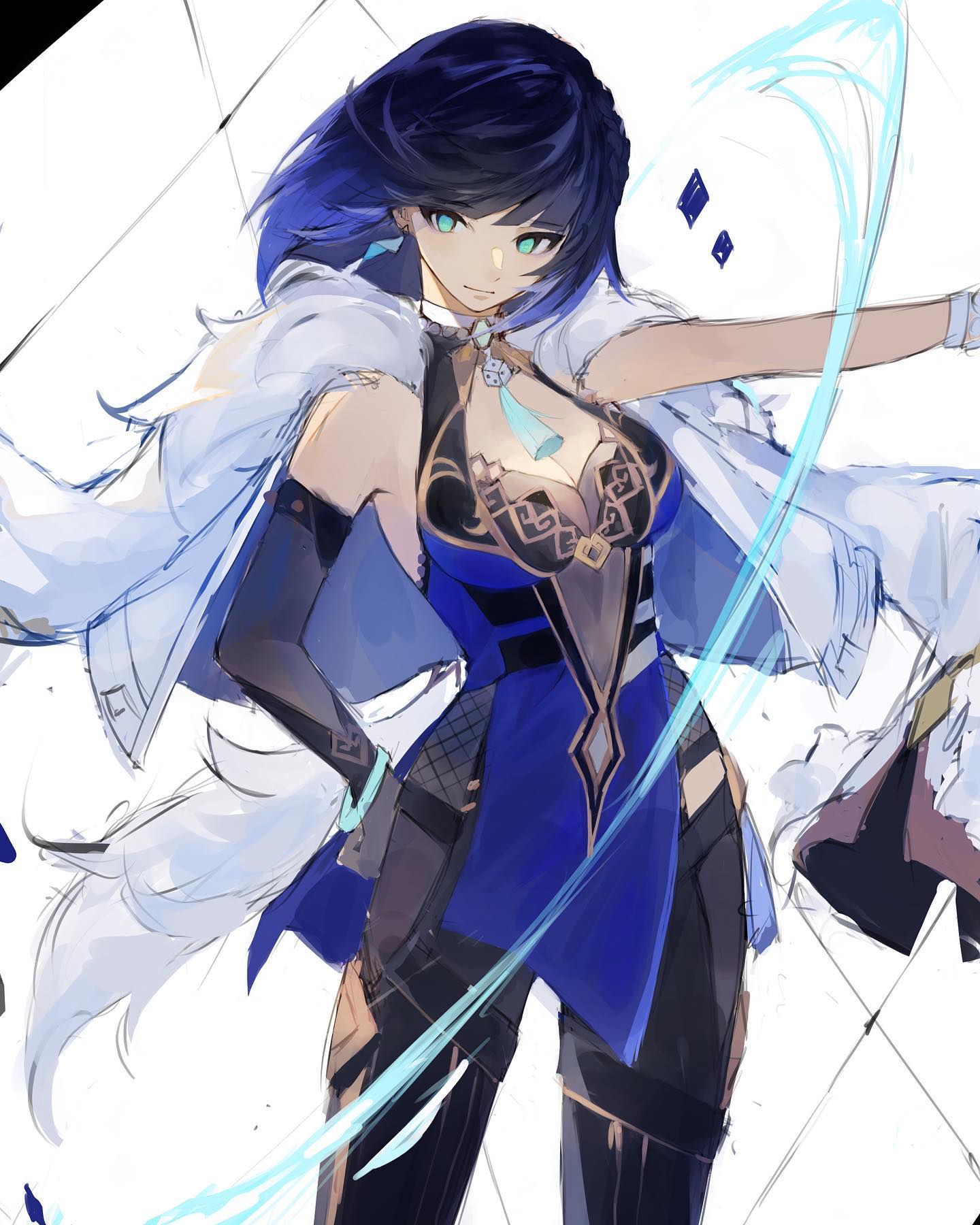 an anime girl with blue hair and blue eyes is wearing a white cloak and a blue outfit. she is holding a sword that is emitting blue energy. the background is white with a few lines drawn on it. the girl looks determined and ready to fight.