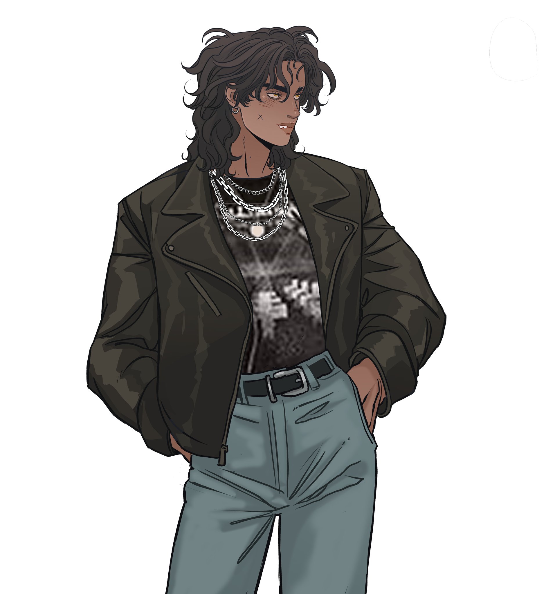 an illustration of a character wearing a leather jacket, chains, a graphic tee, jeans, and has long brown hair. they have their hands in their pockets and have a slight smirk.