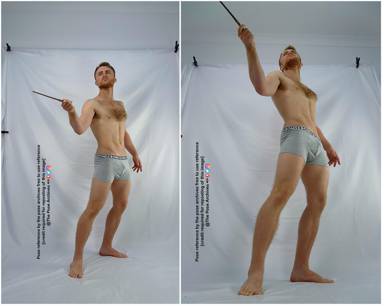 two images of the same adult male in grey underwear, holding a stick like a wand. he's positioned against a white backdrop in a studio setting. the image on the left shows him in a more grounded pose, while the image on the right captures a more dynamic, upward reaching pose.