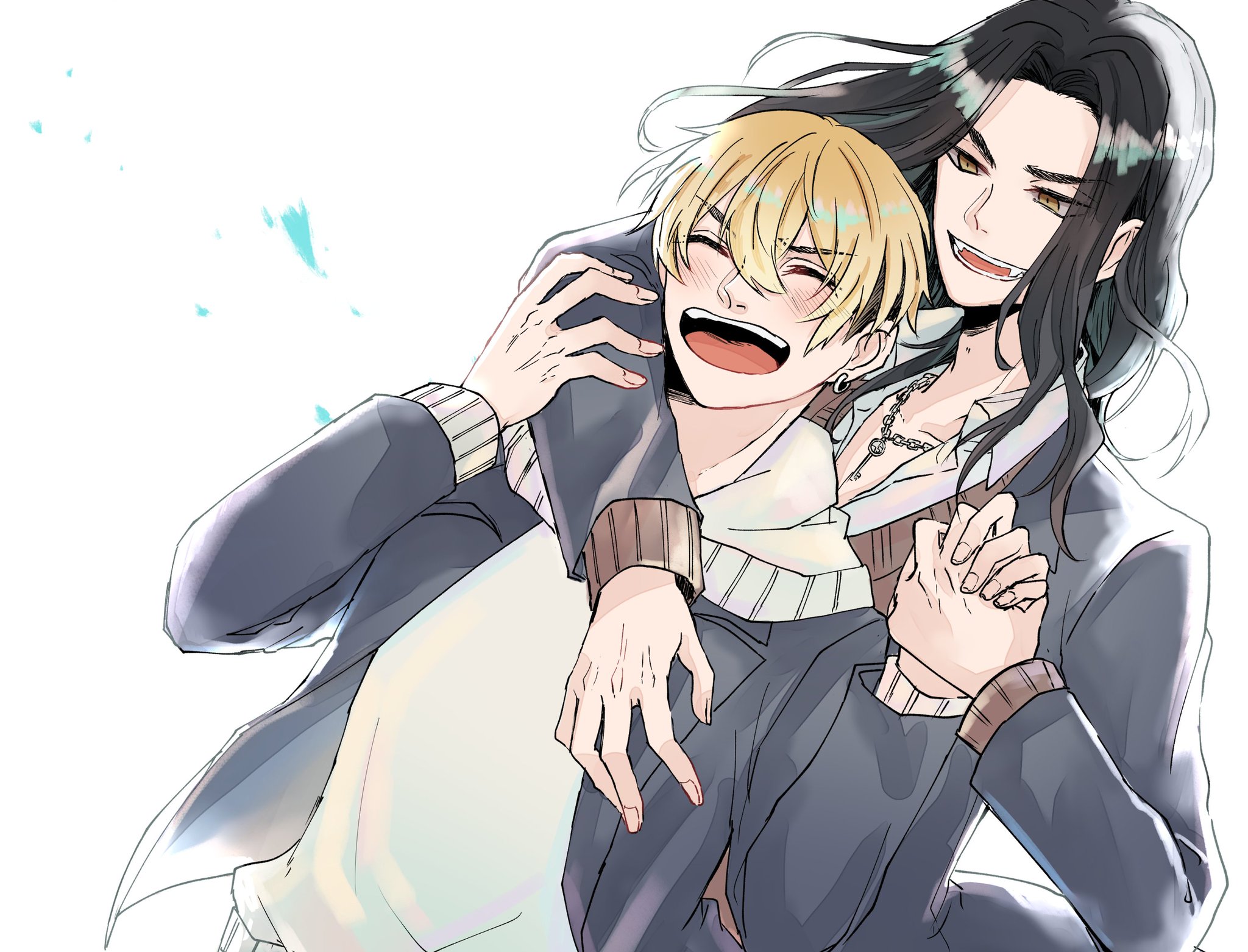 this is a digital illustration of two anime boys. one of them has long black hair and is wearing a black jacket and a grey shirt. the other one has blonde hair and is wearing a white shirt with a grey sweater over it. they're holding each other and smiling. the background is white with a few scattered blue lines. they seem to be in love.