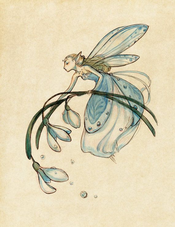 an illustration of a fairy with blue wings, wearing a flowing blue and white dress. she is holding a snowdrop flower. the style is delicate and ethereal, with a serene quality.