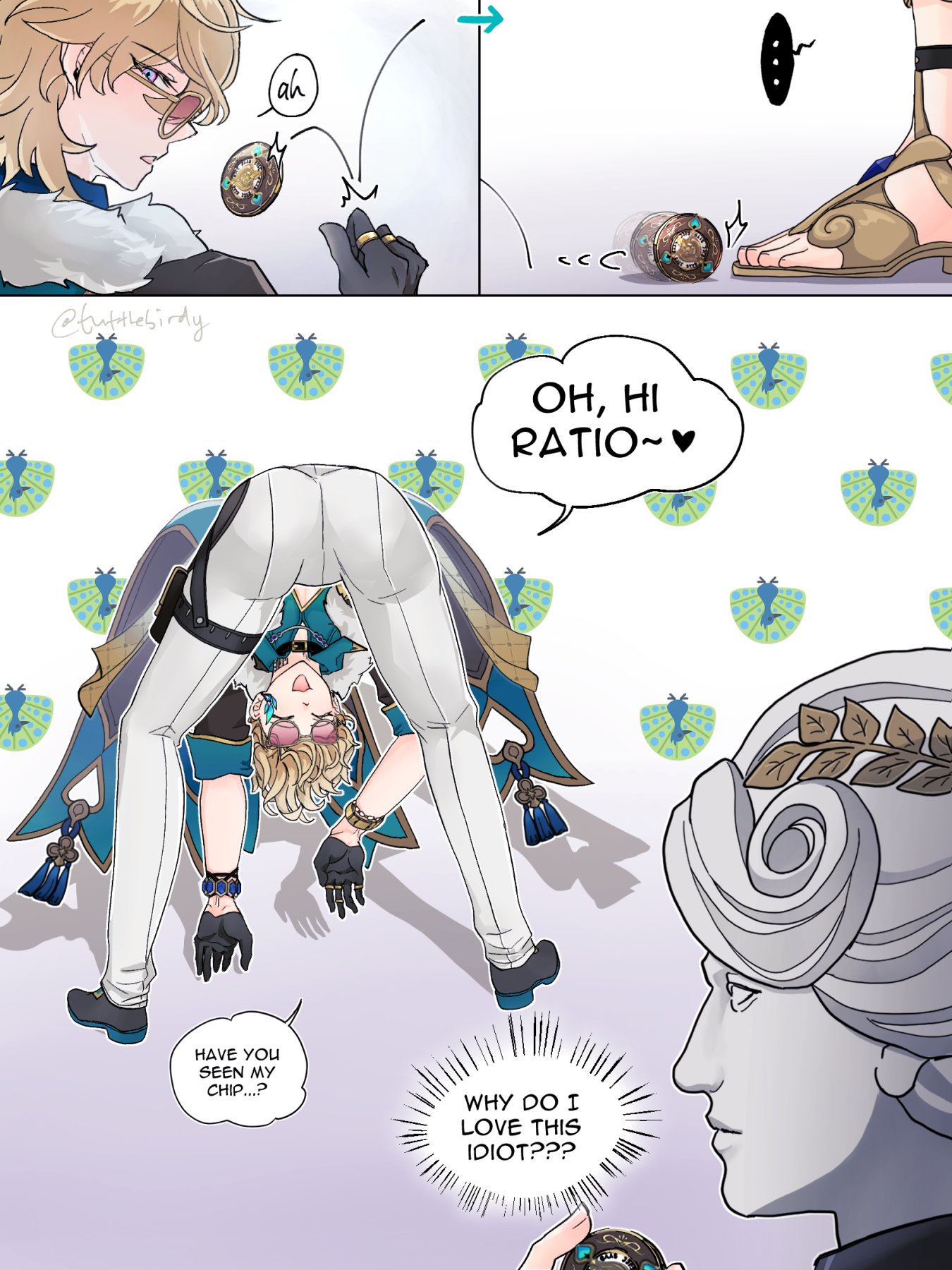 the image is a fourpanel digital fanart comic featuring characters from the video game genshin impact. the first panel shows a character resembling kazuha tossing a small, round object (possibly a game item called a "chip"). the second panel shows the object rolling towards another character, who appears to be raiden shogun.  the third panel shows kazuha upside down, seemingly playfully and with a speech bubble asking if the shogun has seen his chip. the shogun appears as a stoic statuelike figure in the last panel, observing kazuha's antics and expressing confused affection. the background is filled with small stylized peacock feather designs. the art style is light, colorful, and emphasizes cute and expressive characters.  the comic suggests a lighthearted and affectionate relationship between the two characters.