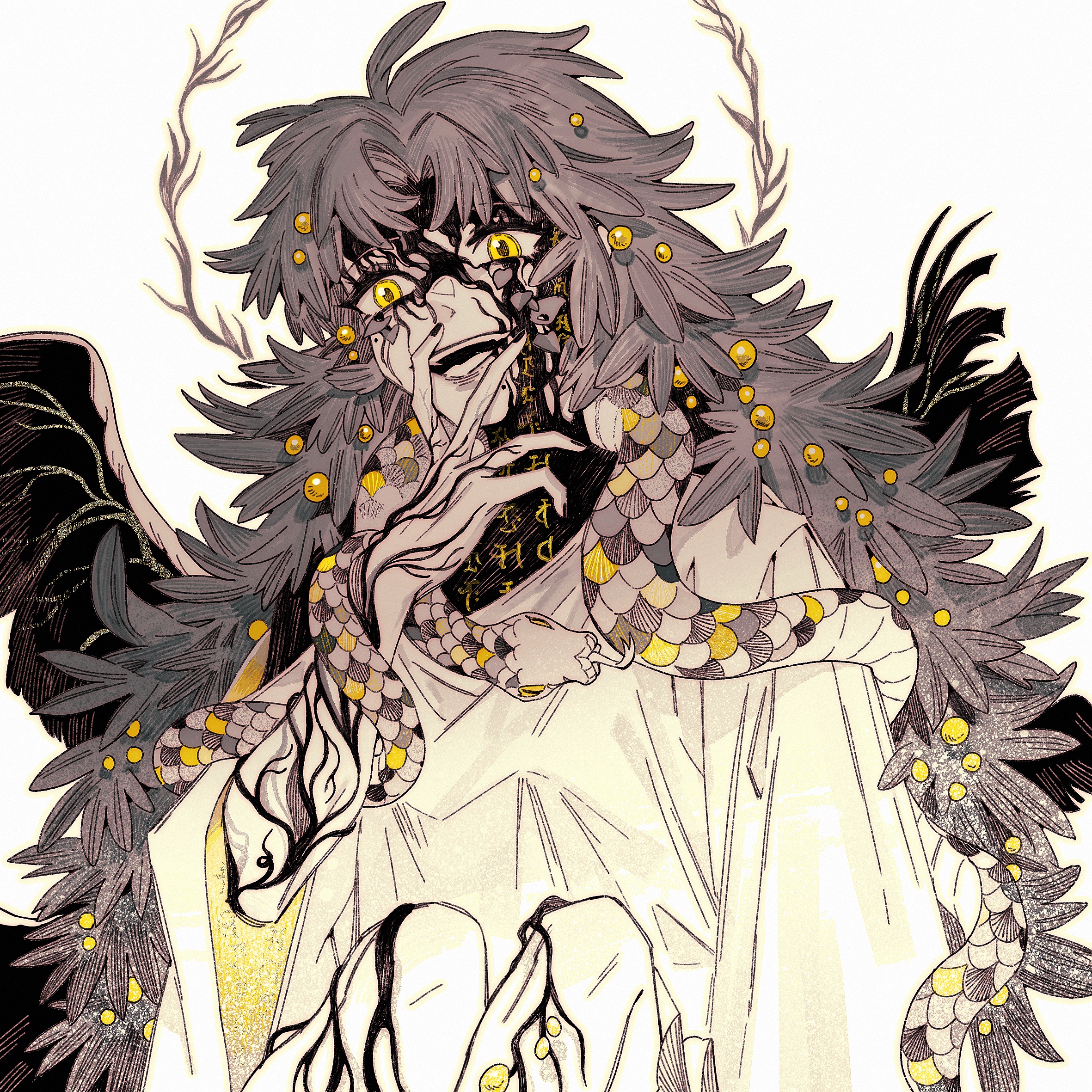 the illustration depicts an animestyle male character with long, dark hair. he has wings, feathers, and a snake wrapped around his neck. his clothing is white, and his eyes are a bright yellow. he appears to be smiling. the background is white, and the image is stylized and detailed. the art is reminiscent of both manga and digital illustration styles.